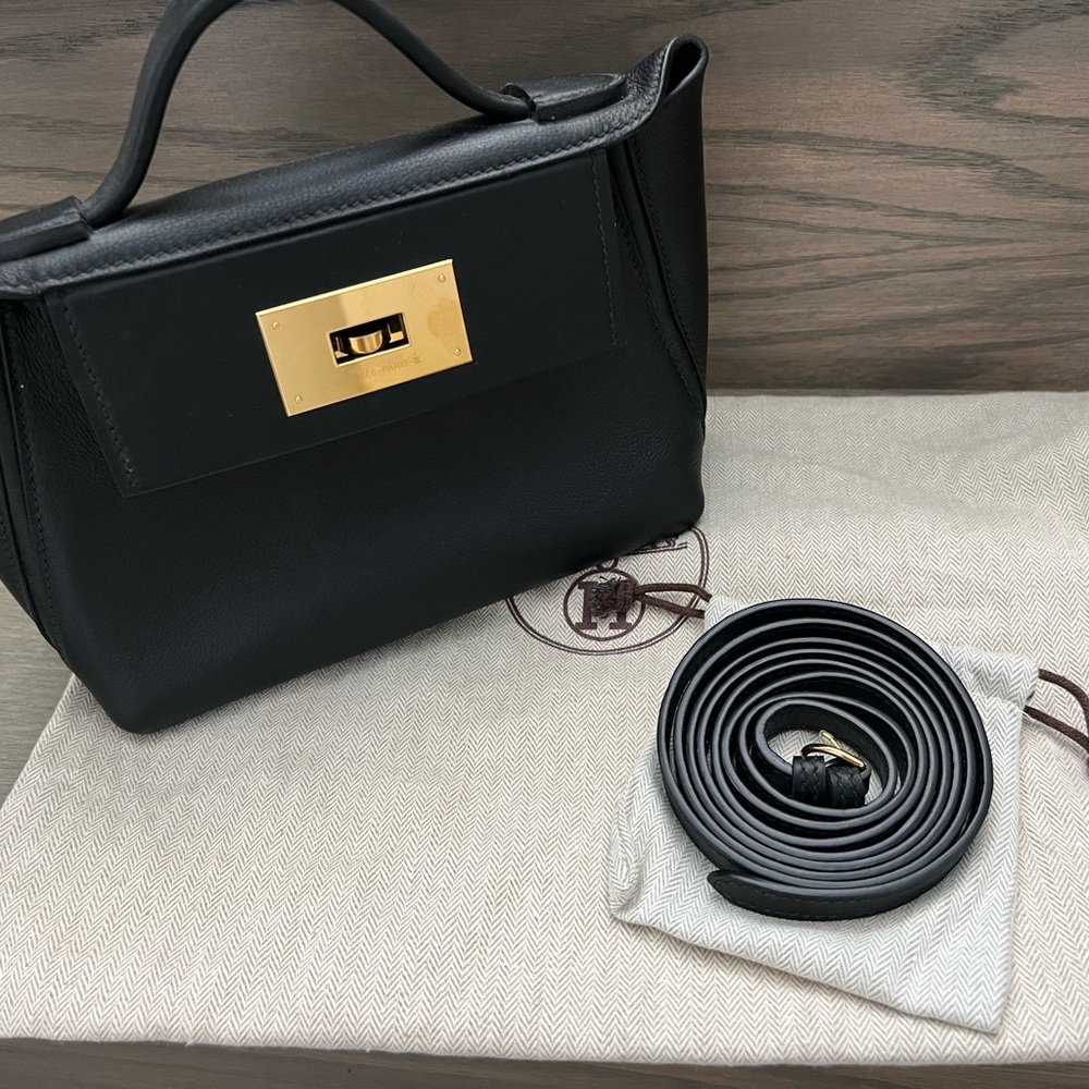 Hermes Black Leather Crossbody Bag with Gold Hardware
